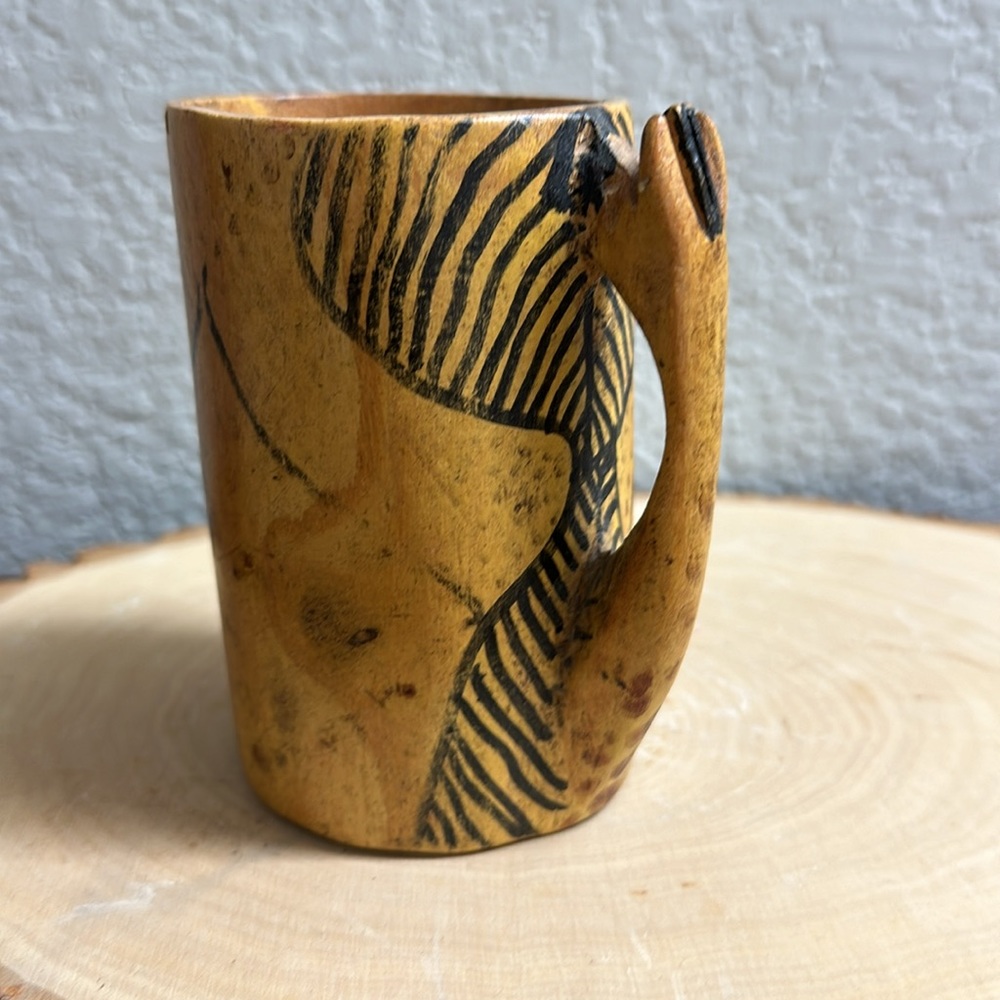 Vintage Solid Hand carved Zebra Wood Mug New made in Kenya Excellent condition